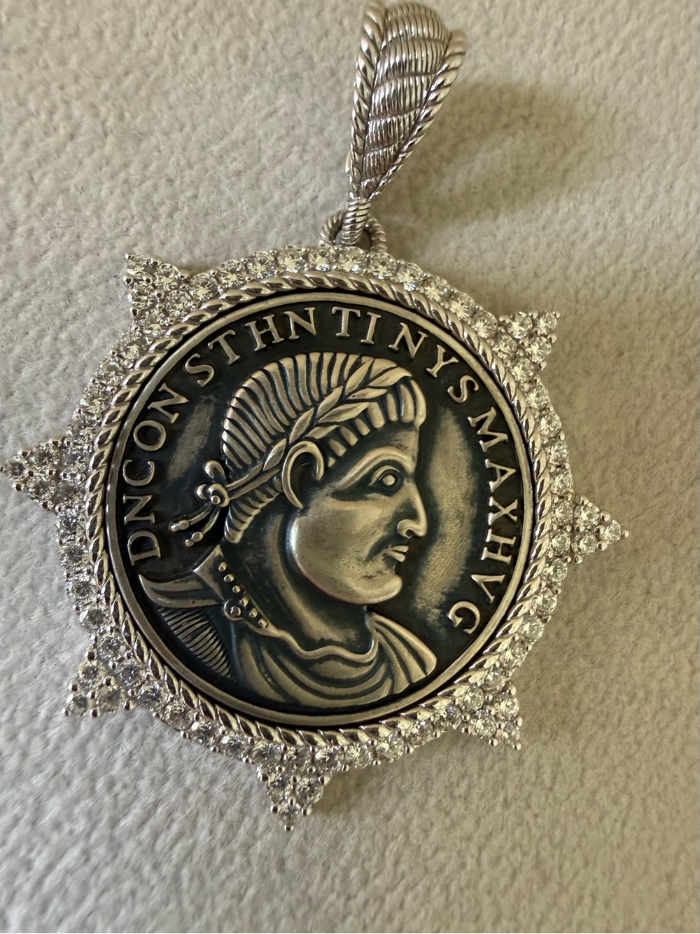 RARE Judith Ripka Sterling Silver Roman Coin and Starburst CZ Pendant Enhancer